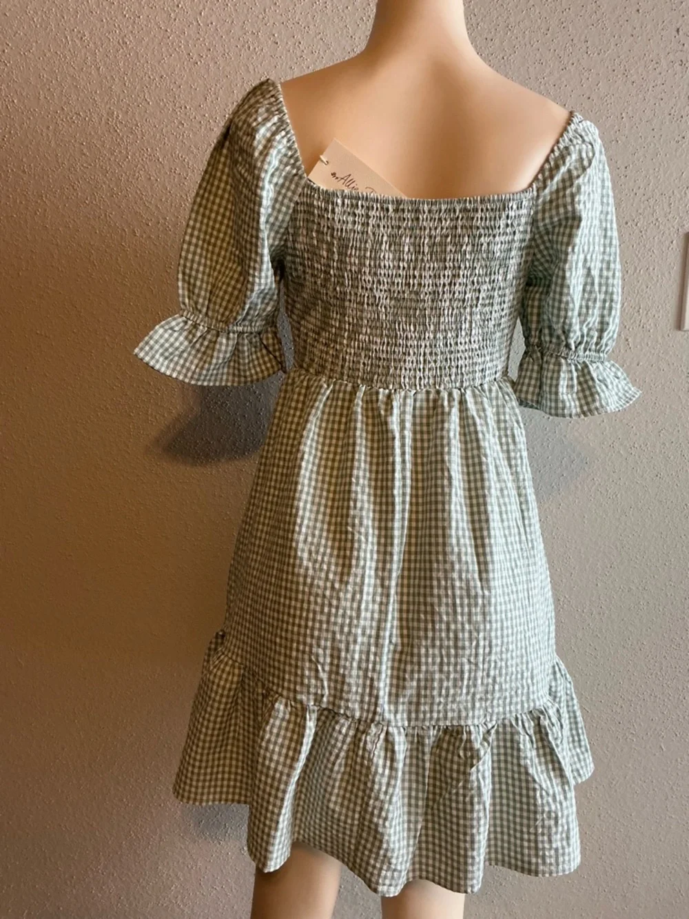Smocked Gingham Mini Dress in Sage Green - Picture 5 of 8